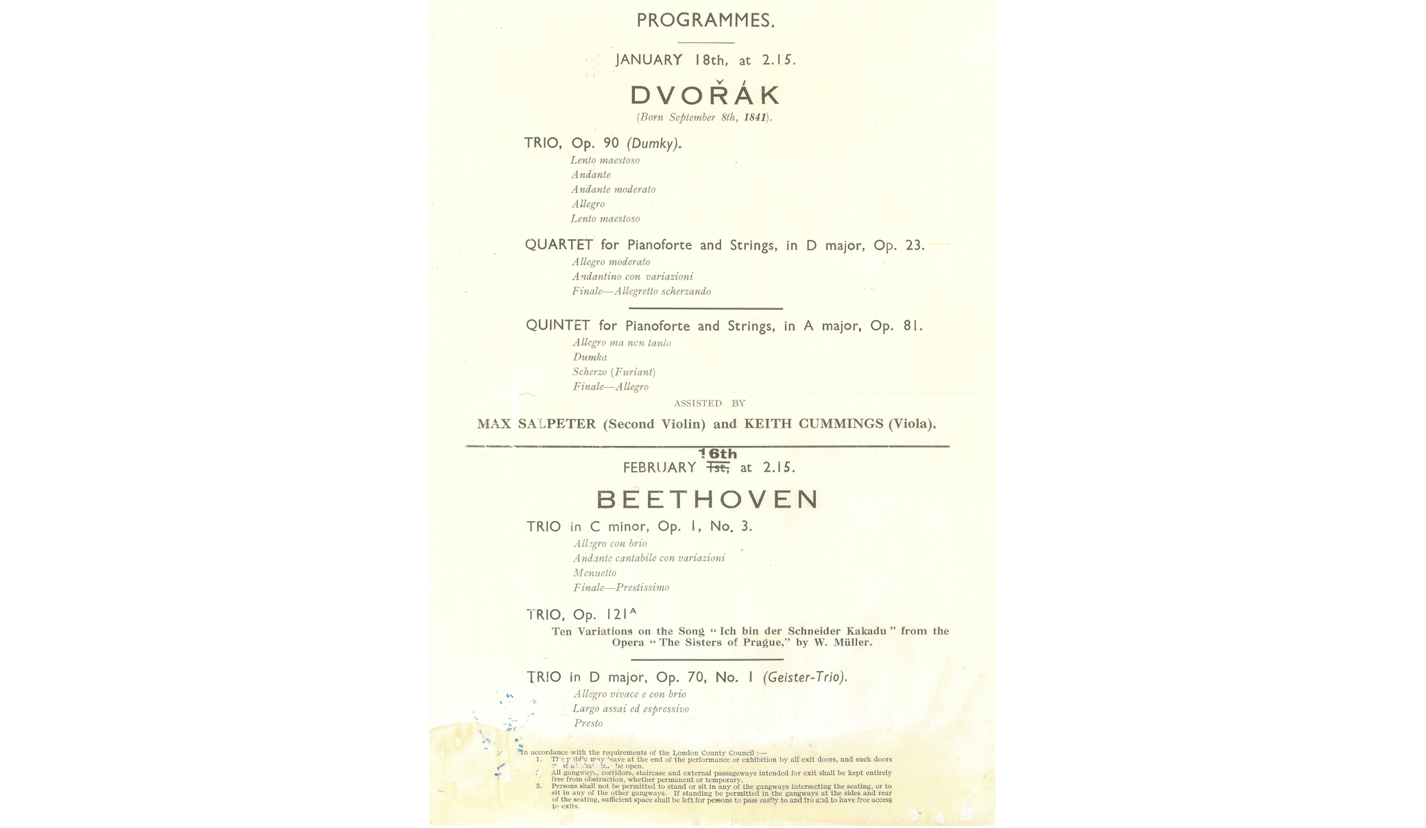 A concert programme with the list of musical works by Dvorak performed on January 18th, and a list of musical works by Beethoven that was performed on February 16, by the Czech Trio.